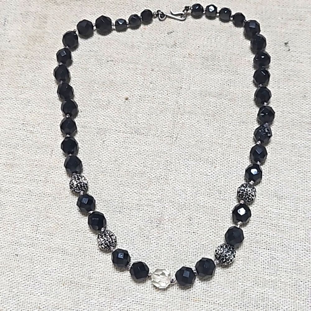 Antique Eduardian French Jet Rock Crystal Individually Knotted Choker Necklace